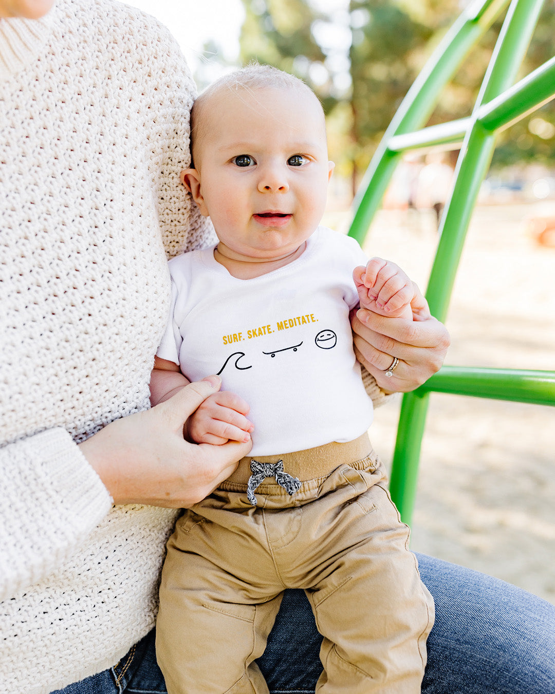 California Kids Collection | Surf Skate Meditate - Onesie - White | Eco-Friendly, Sustainable Kids Apparel