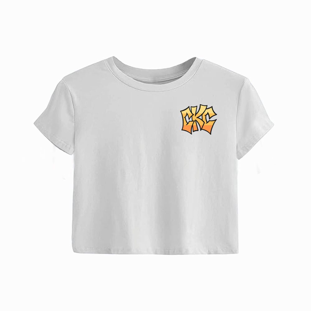 California Kids Collection | CKC Street Logo - Women&#39;s Crop- White | Eco-Friendly, Sustainable Kids Apparel