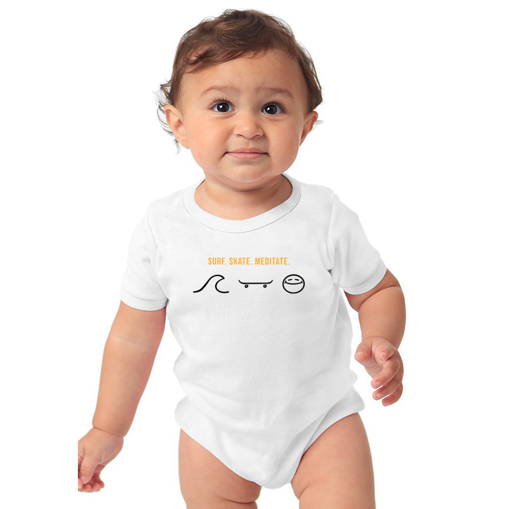 California Kids Collection | Surf Skate Meditate - Onesie - White | Eco-Friendly, Sustainable Kids Apparel